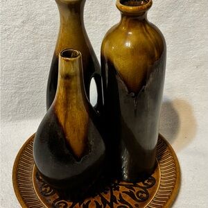 Vintage med venture Ceramic Trio Vase Set in Brown and Amber Glaze under try